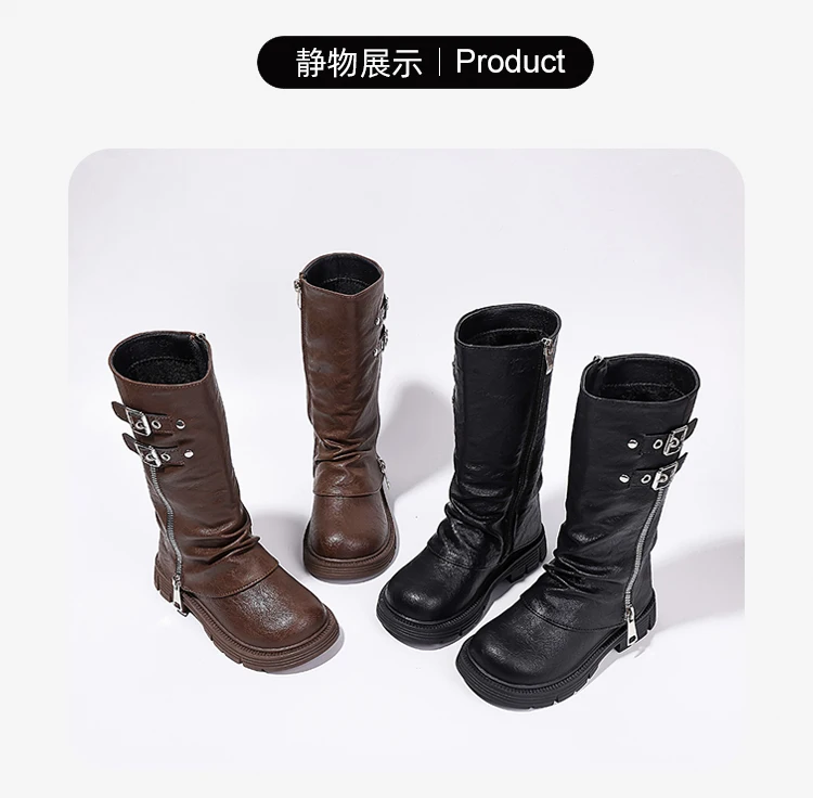 Spring Autumn New Kids Fashion High Boots Classic Black Brown Girls School Causal Leather Boots Catwalk Children Platform Boots