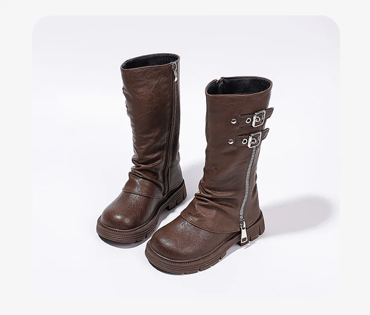 Spring Autumn New Kids Fashion High Boots Classic Black Brown Girls School Causal Leather Boots Catwalk Children Platform Boots