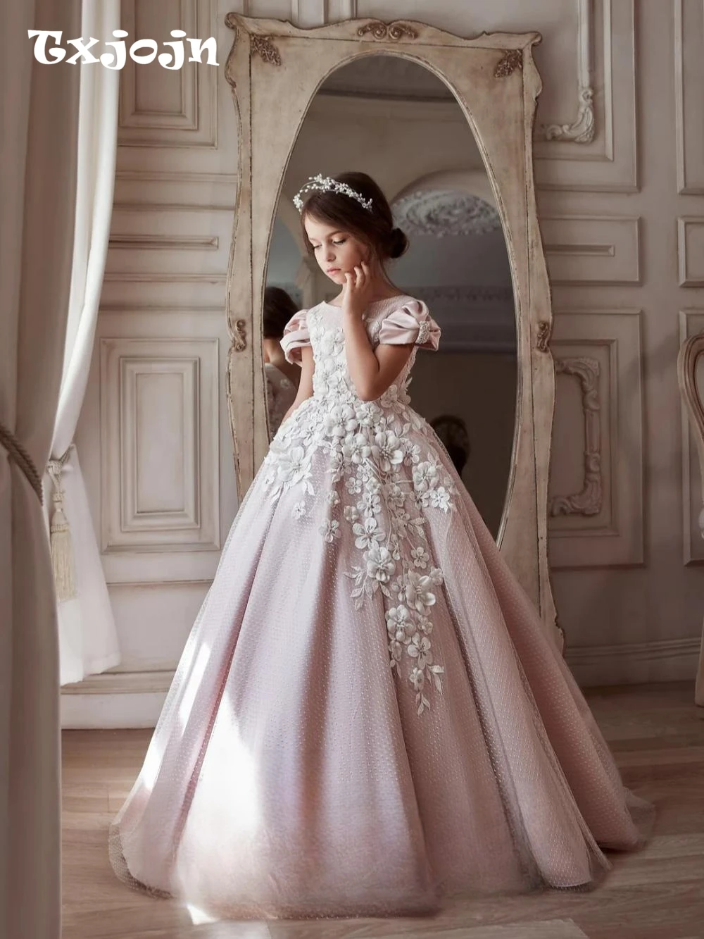 Pink Elegant O-neck Short Sleeve Kids Princess Gown Birthday Party Sweet Cute 3D Flower Girls Dresses For Wedding Customized