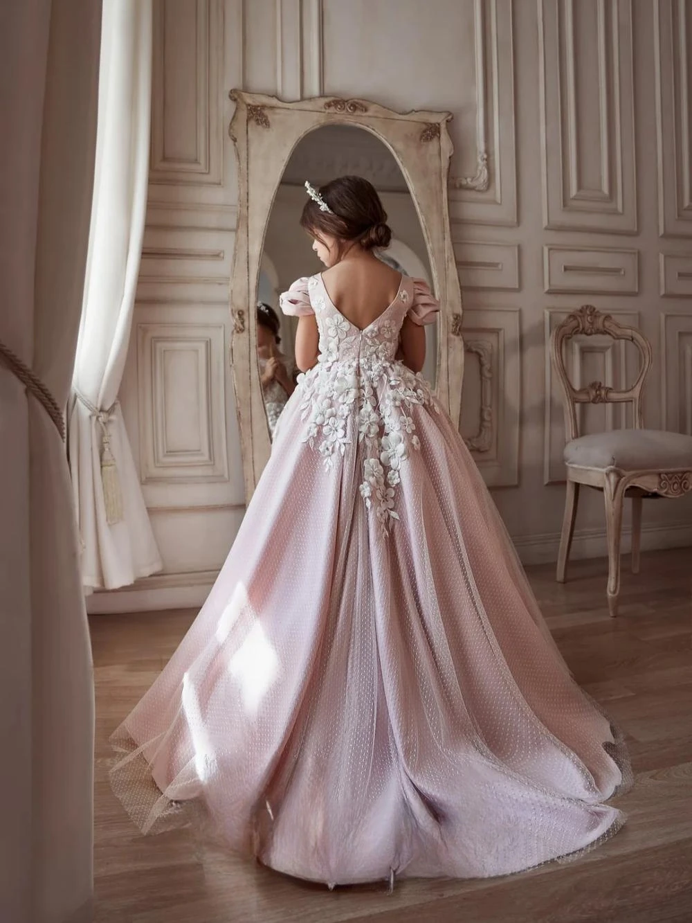 Pink Elegant O-neck Short Sleeve Kids Princess Gown Birthday Party Sweet Cute 3D Flower Girls Dresses For Wedding Customized