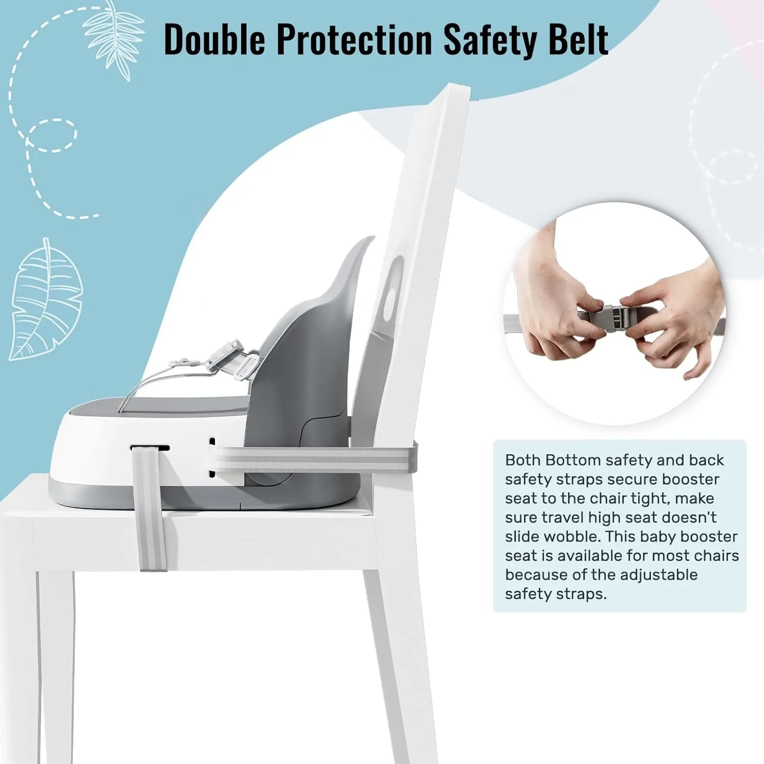 Portable Children’s Booster Seat for Dining High Chair with 3-Point Safety Harness, 2 Adjustable Straps & Washable Design