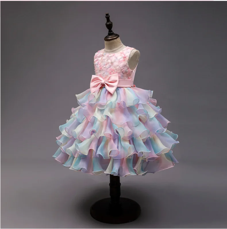 Summer New Wedding Flower Girl Birthday Party Rainbow Bow Fluffy Skirt Christmas School Stage Drama Mesh Performance Dress