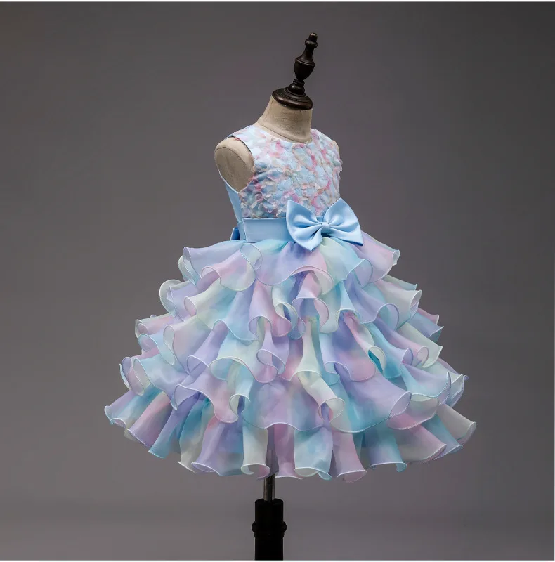 Summer New Wedding Flower Girl Birthday Party Rainbow Bow Fluffy Skirt Christmas School Stage Drama Mesh Performance Dress