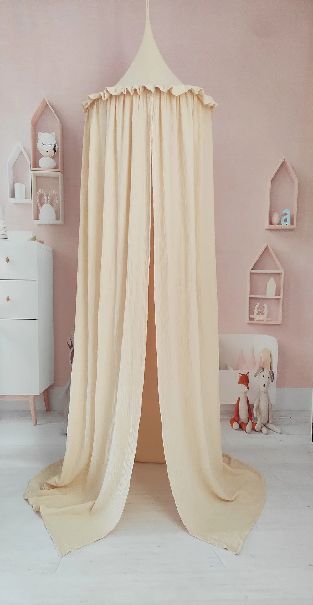 Premium 100% Cotton Muslin Hanging Dome Curtain with Frills Baby Bed Canopy for Kids Room
