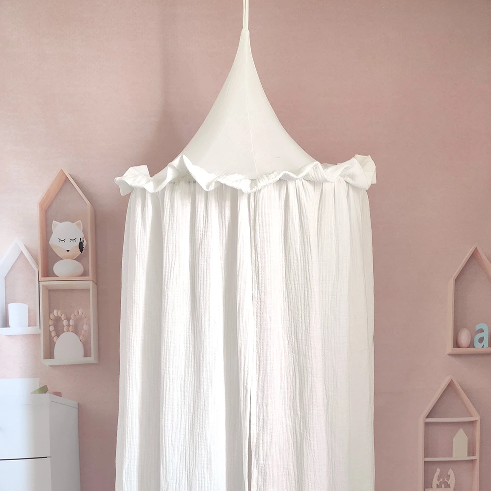 Premium 100% Cotton Muslin Hanging Dome Curtain with Frills Baby Bed Canopy for Kids Room
