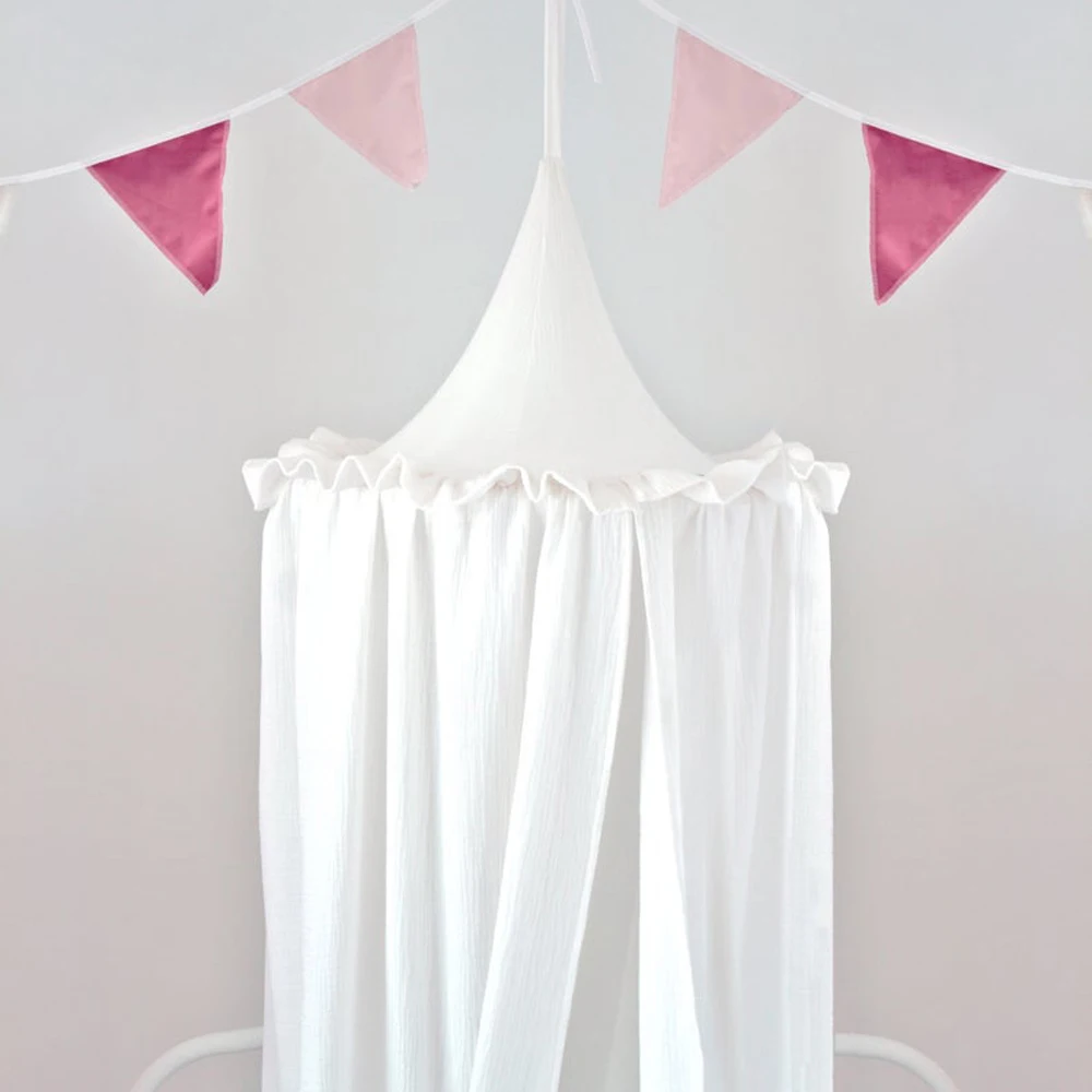 Premium 100% Cotton Muslin Hanging Dome Curtain with Frills Baby Bed Canopy for Kids Room