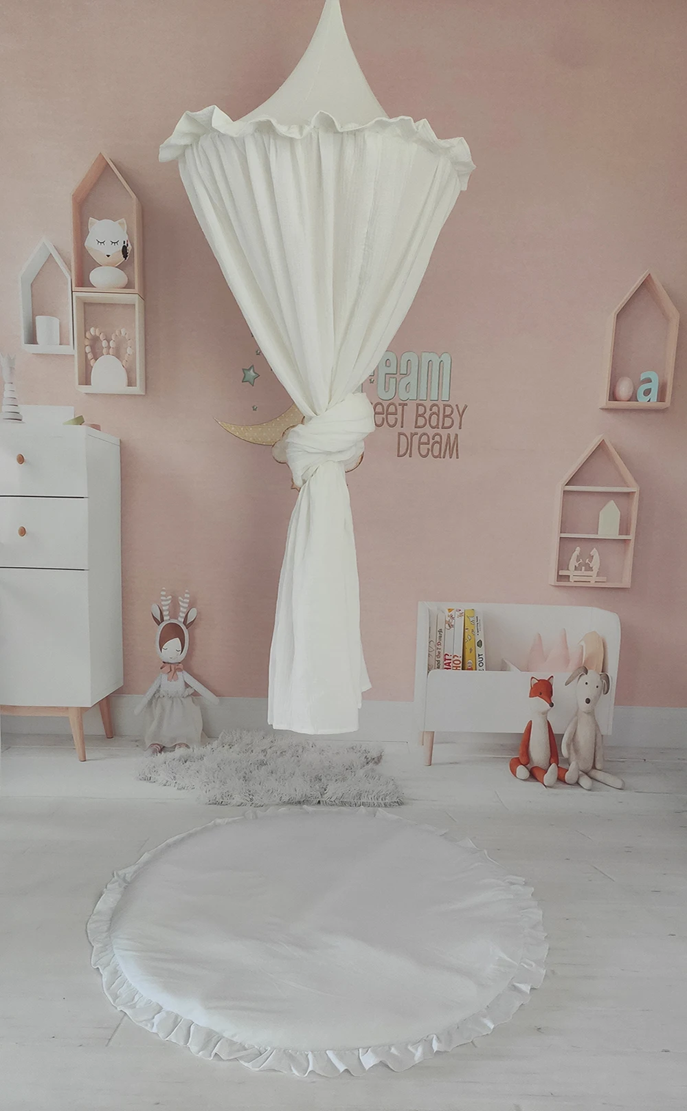 Premium 100% Cotton Muslin Hanging Dome Curtain with Frills Baby Bed Canopy for Kids Room