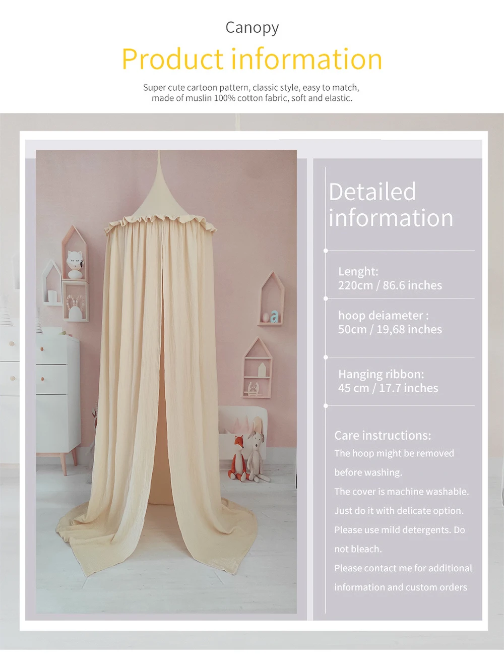 Premium 100% Cotton Muslin Hanging Dome Curtain with Frills Baby Bed Canopy for Kids Room