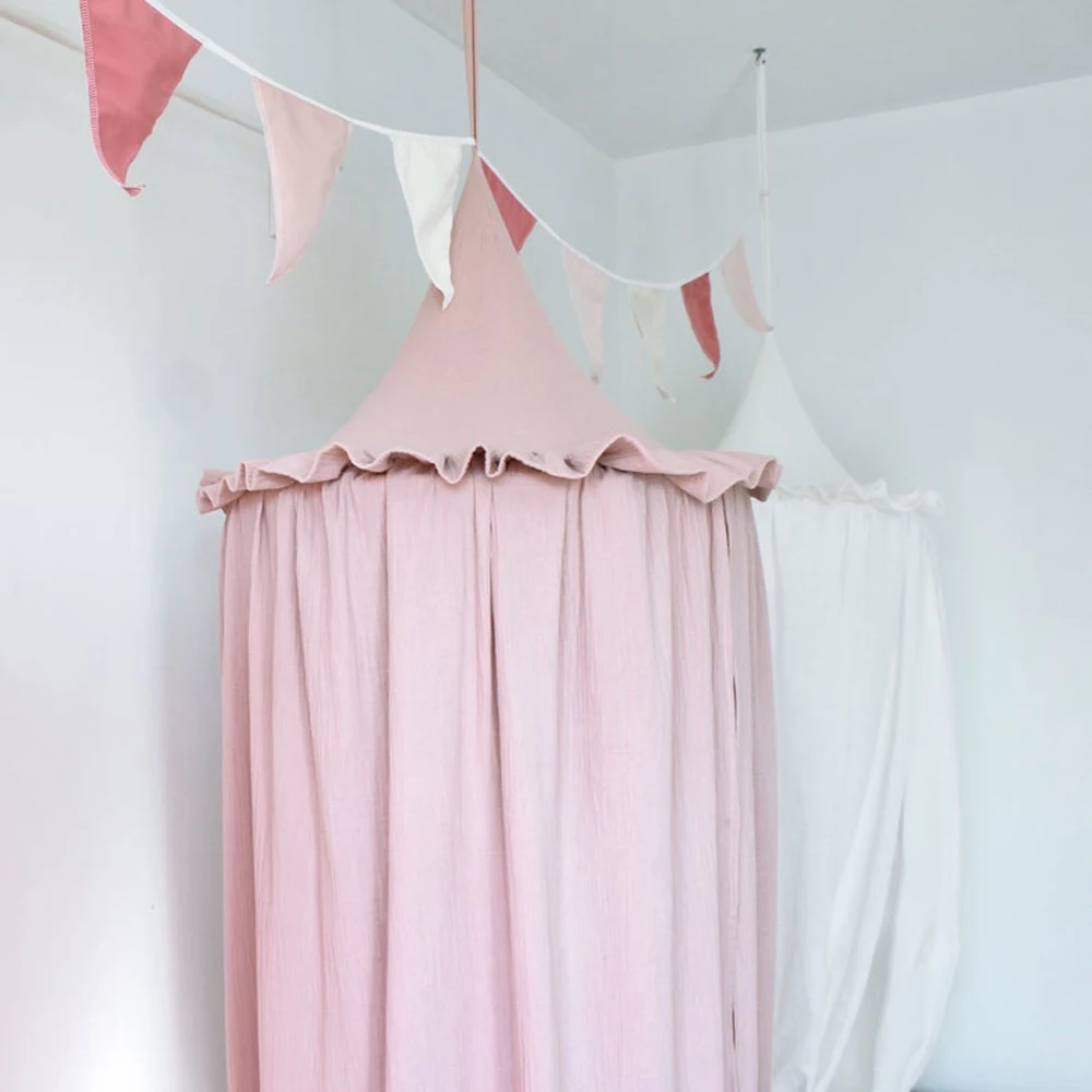 Premium 100% Cotton Muslin Hanging Dome Curtain with Frills Baby Bed Canopy for Kids Room