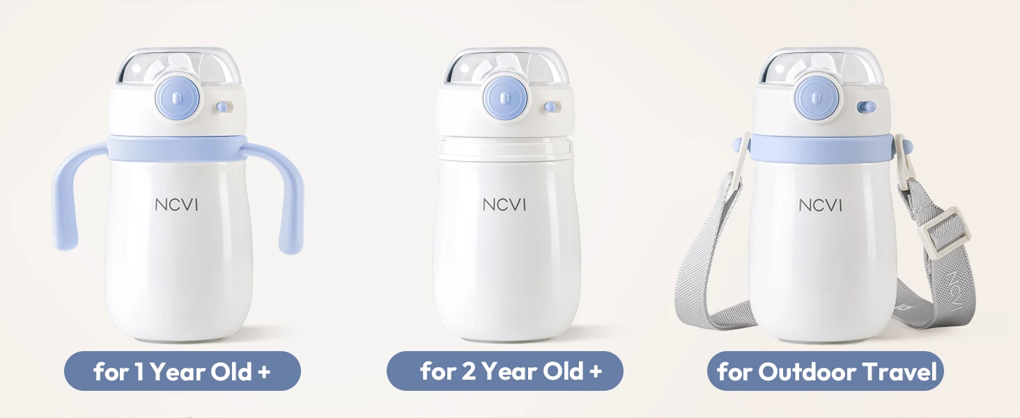 NCVI Kids Stainless Steel Straw Cup for Toddler 1-3 Years Old, Blue 10floz, BPA-Free, Easy to Clean, Adjustable Shoulder Strap