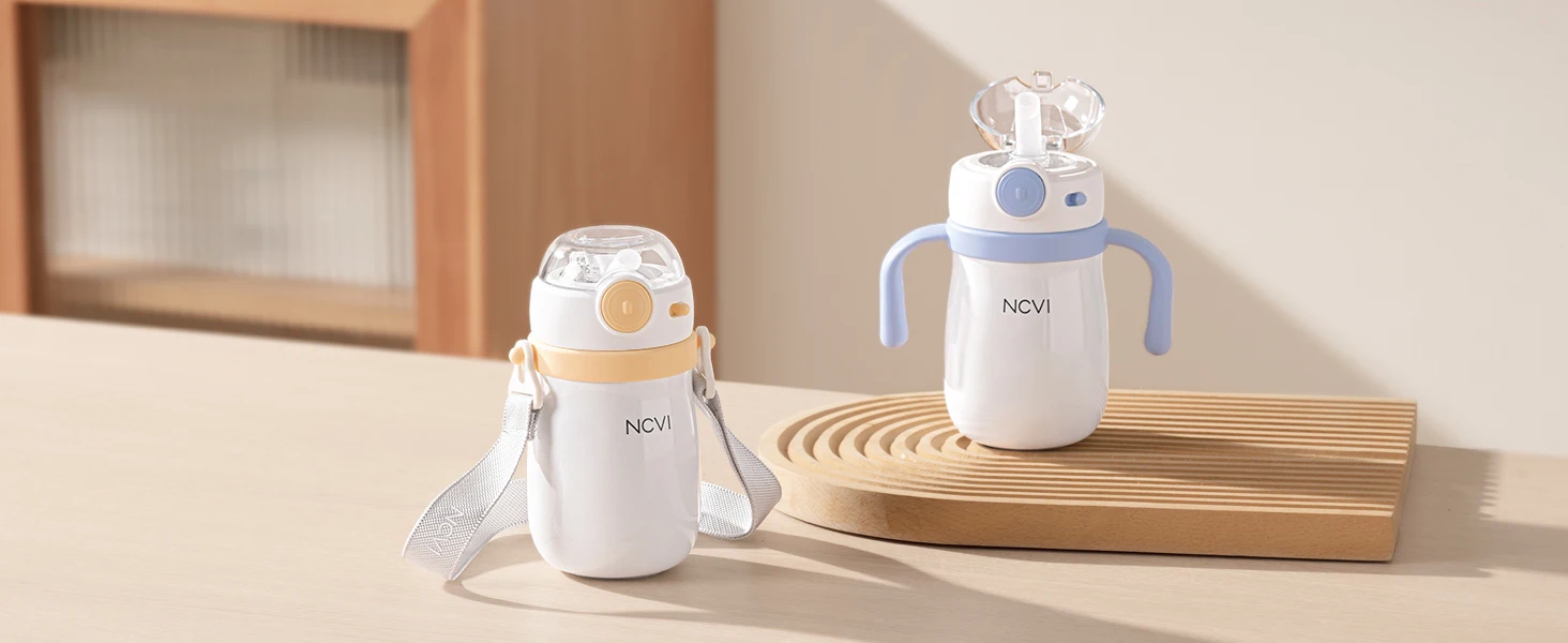 NCVI Kids Stainless Steel Straw Cup for Toddler 1-3 Years Old, Blue 10floz, BPA-Free, Easy to Clean, Adjustable Shoulder Strap