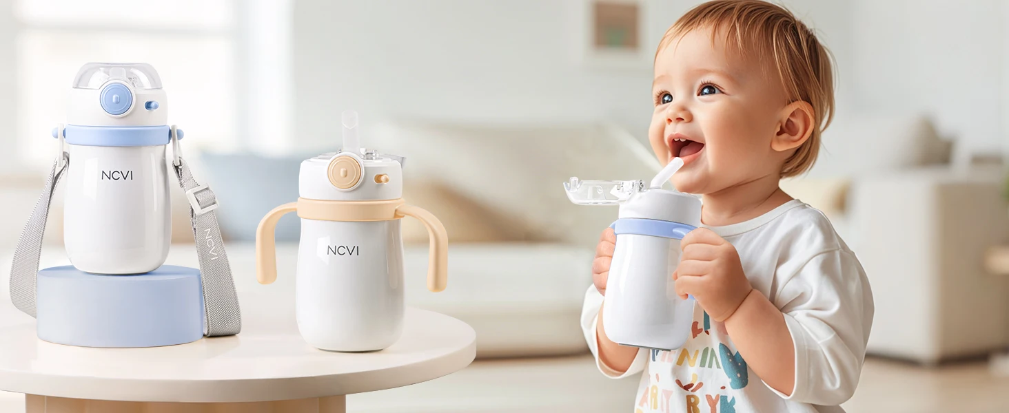 NCVI Kids Stainless Steel Straw Cup for Toddler 1-3 Years Old, Blue 10floz, BPA-Free, Easy to Clean, Adjustable Shoulder Strap