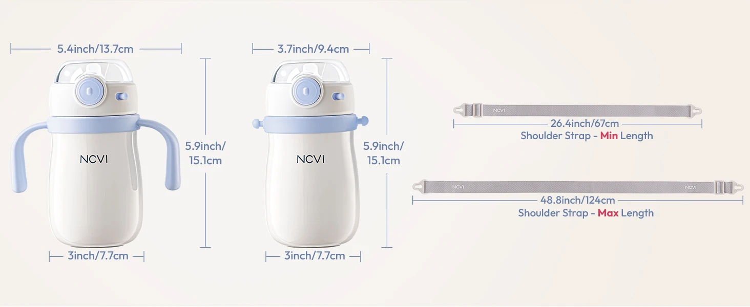 NCVI Kids Stainless Steel Straw Cup for Toddler 1-3 Years Old, Blue 10floz, BPA-Free, Easy to Clean, Adjustable Shoulder Strap