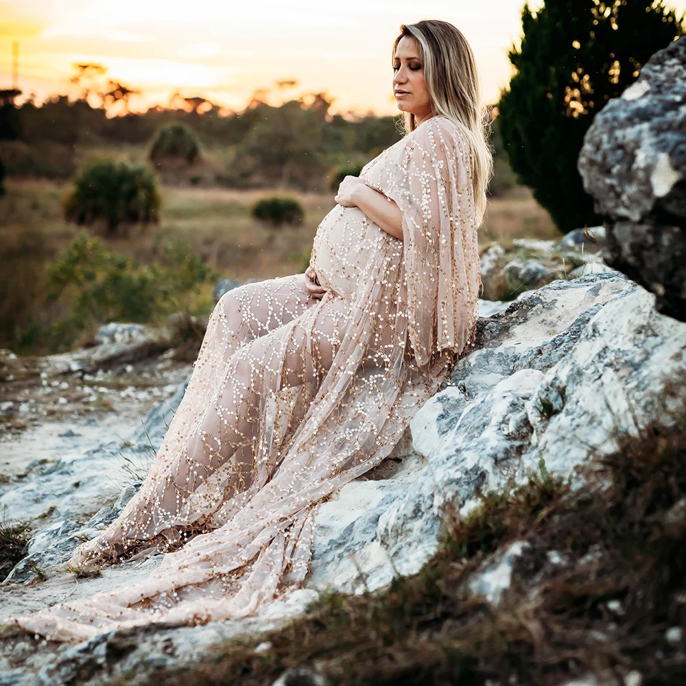 Don&Judy Sequin Maxi Maternity Photo Shoot Dress Boho Evening Party Gown Pregnancy Women Photography Dresses Baby Shower Gift