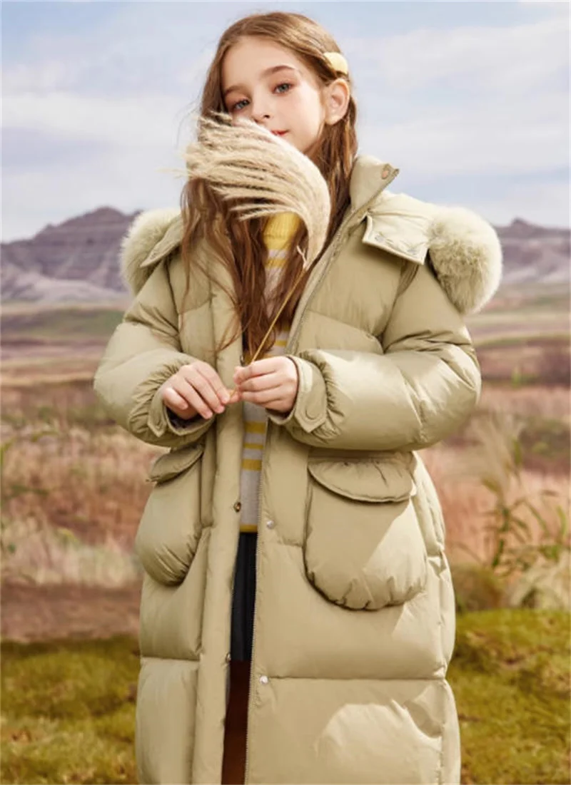 2025 New Winter Girls Jackets Kids Thickened Warm Down Coats Children's Fur Collar Hooded Outerwear Teenager Long Overcoat