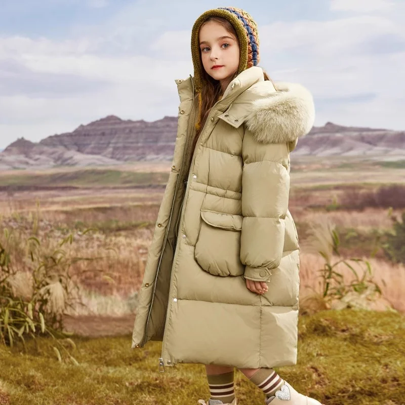 2025 New Winter Girls Jackets Kids Thickened Warm Down Coats Children's Fur Collar Hooded Outerwear Teenager Long Overcoat