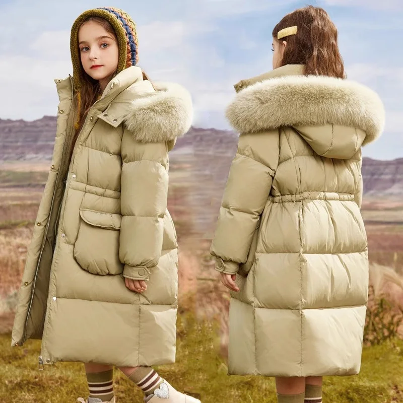 2025 New Winter Girls Jackets Kids Thickened Warm Down Coats Children's Fur Collar Hooded Outerwear Teenager Long Overcoat