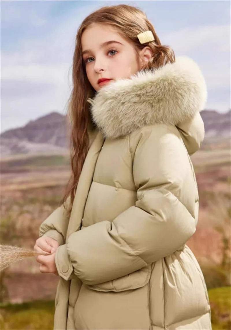 2025 New Winter Girls Jackets Kids Thickened Warm Down Coats Children's Fur Collar Hooded Outerwear Teenager Long Overcoat
