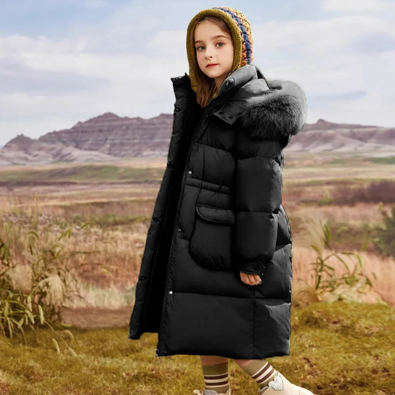 2025 New Winter Girls Jackets Kids Thickened Warm Down Coats Children's Fur Collar Hooded Outerwear Teenager Long Overcoat