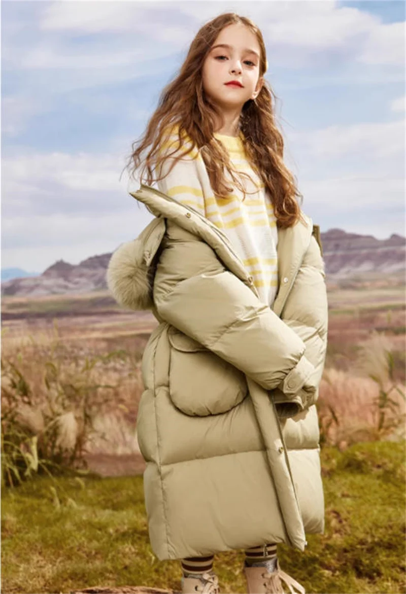 2025 New Winter Girls Jackets Kids Thickened Warm Down Coats Children's Fur Collar Hooded Outerwear Teenager Long Overcoat