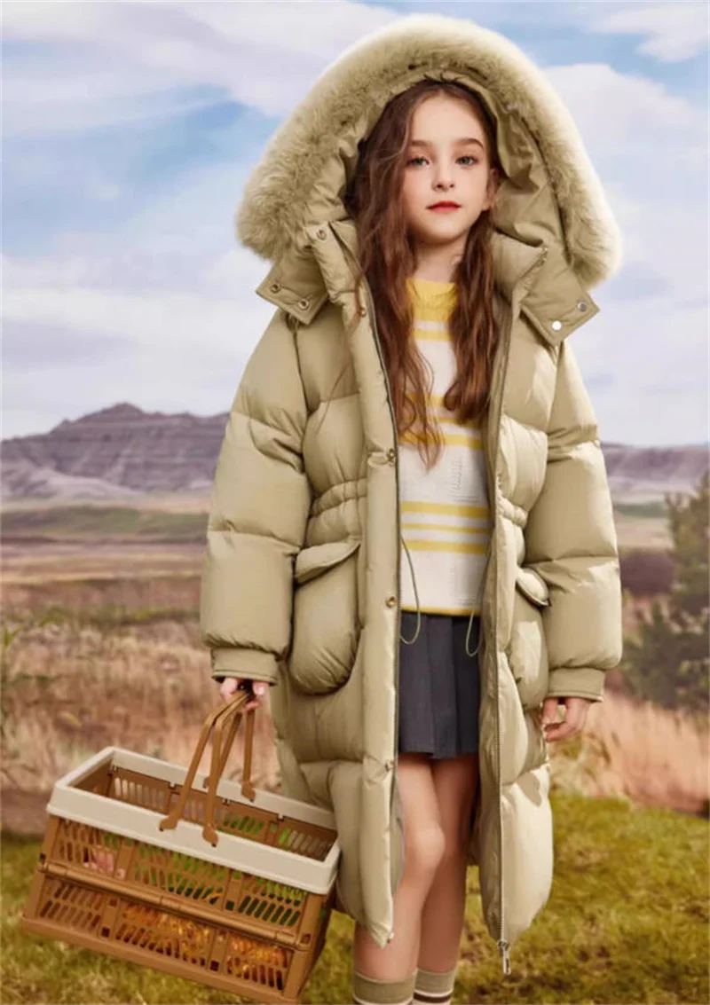 2025 New Winter Girls Jackets Kids Thickened Warm Down Coats Children's Fur Collar Hooded Outerwear Teenager Long Overcoat