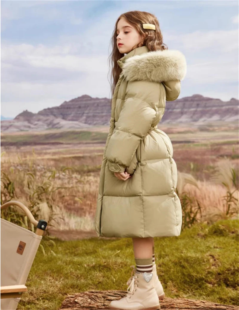 2025 New Winter Girls Jackets Kids Thickened Warm Down Coats Children's Fur Collar Hooded Outerwear Teenager Long Overcoat