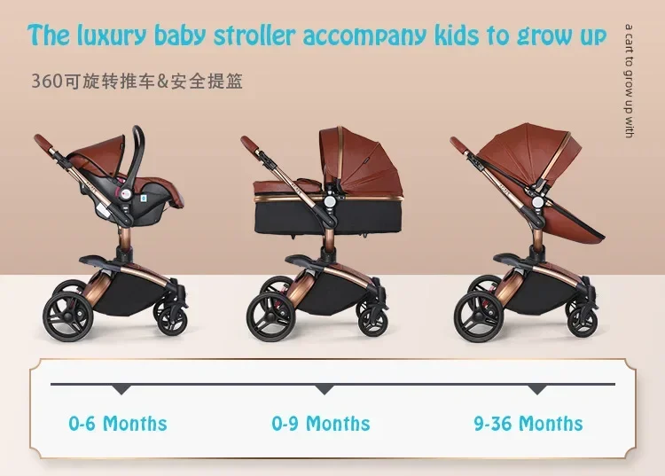 Baby Stroller 3in1 Two-way High Landscape Baby Carriage PU Leather Foldable Shock-absorbing Eggshell Stroller 2in1