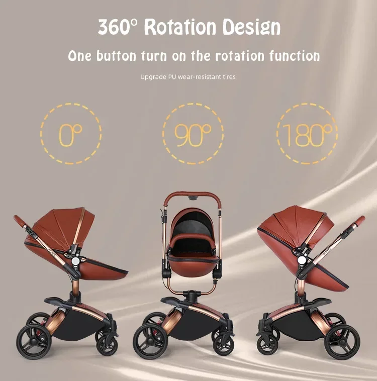 Baby Stroller 3in1 Two-way High Landscape Baby Carriage PU Leather Foldable Shock-absorbing Eggshell Stroller 2in1