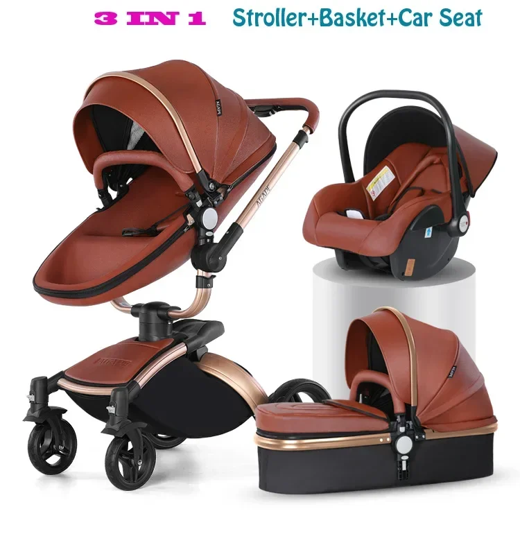 Baby Stroller 3in1 Two-way High Landscape Baby Carriage PU Leather Foldable Shock-absorbing Eggshell Stroller 2in1