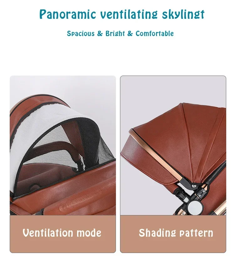Baby Stroller 3in1 Two-way High Landscape Baby Carriage PU Leather Foldable Shock-absorbing Eggshell Stroller 2in1