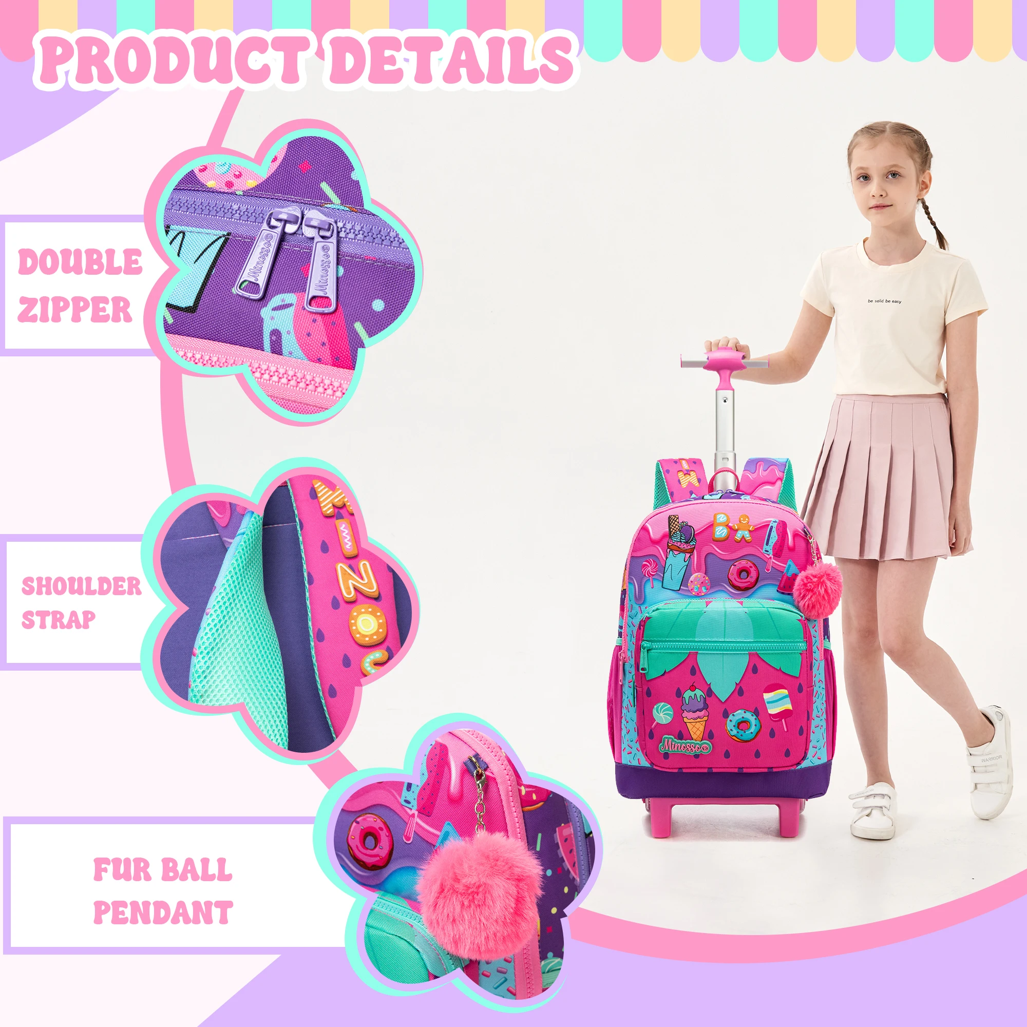 Girls Rolling Backpack with Lunch Box School Backpacks with Wheels 16.5" Roller Backpack for Girls, 3pcs Kids Wheeled Bookbag