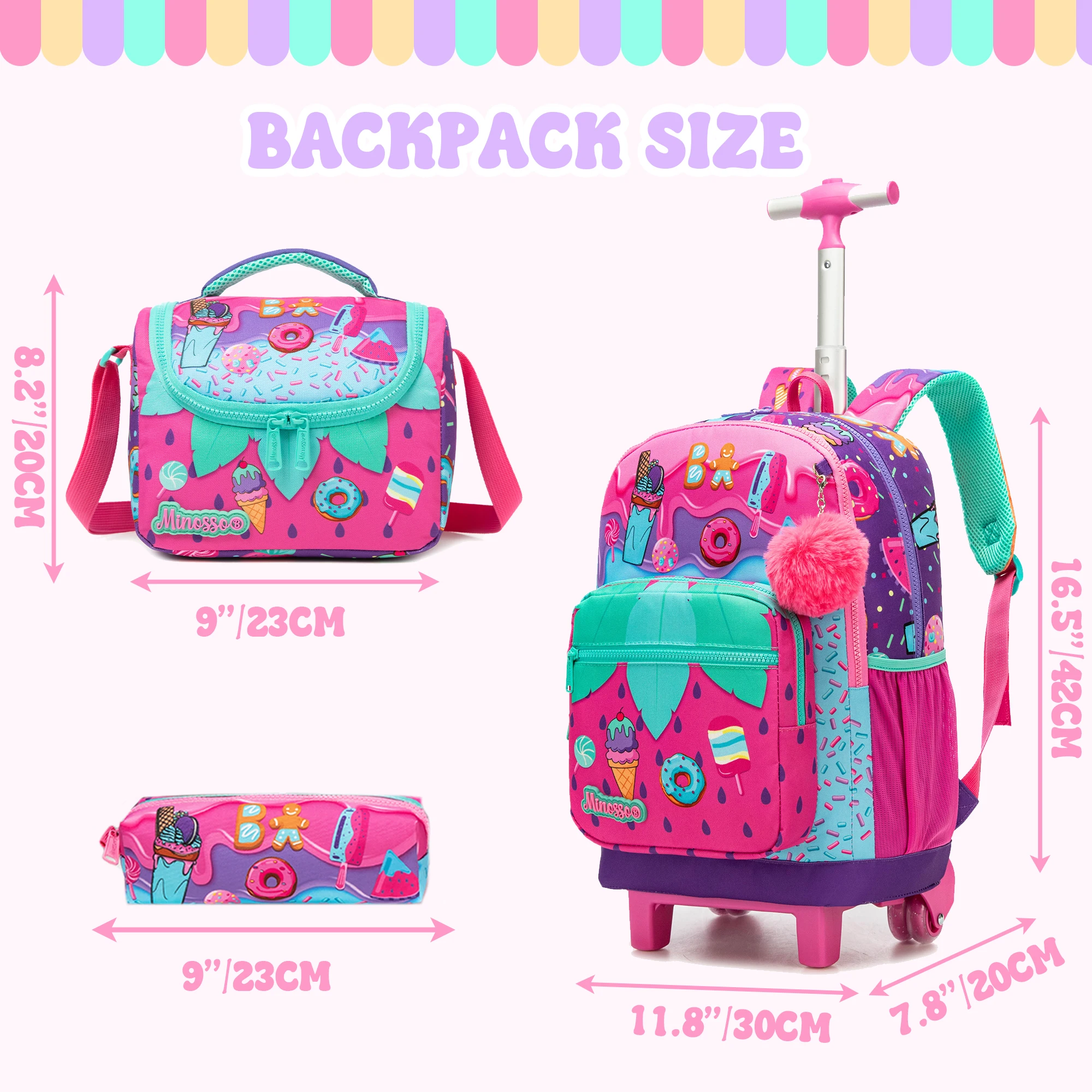 Girls Rolling Backpack with Lunch Box School Backpacks with Wheels 16.5" Roller Backpack for Girls, 3pcs Kids Wheeled Bookbag