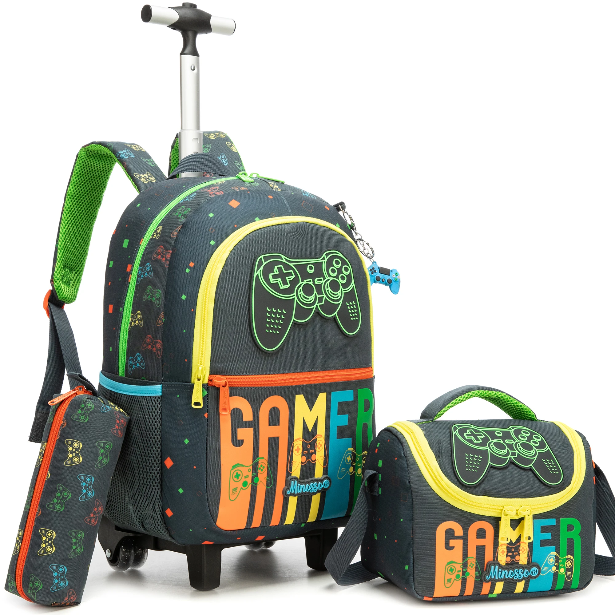 Girls Rolling Backpack with Lunch Box School Backpacks with Wheels 16.5" Roller Backpack for Girls, 3pcs Kids Wheeled Bookbag