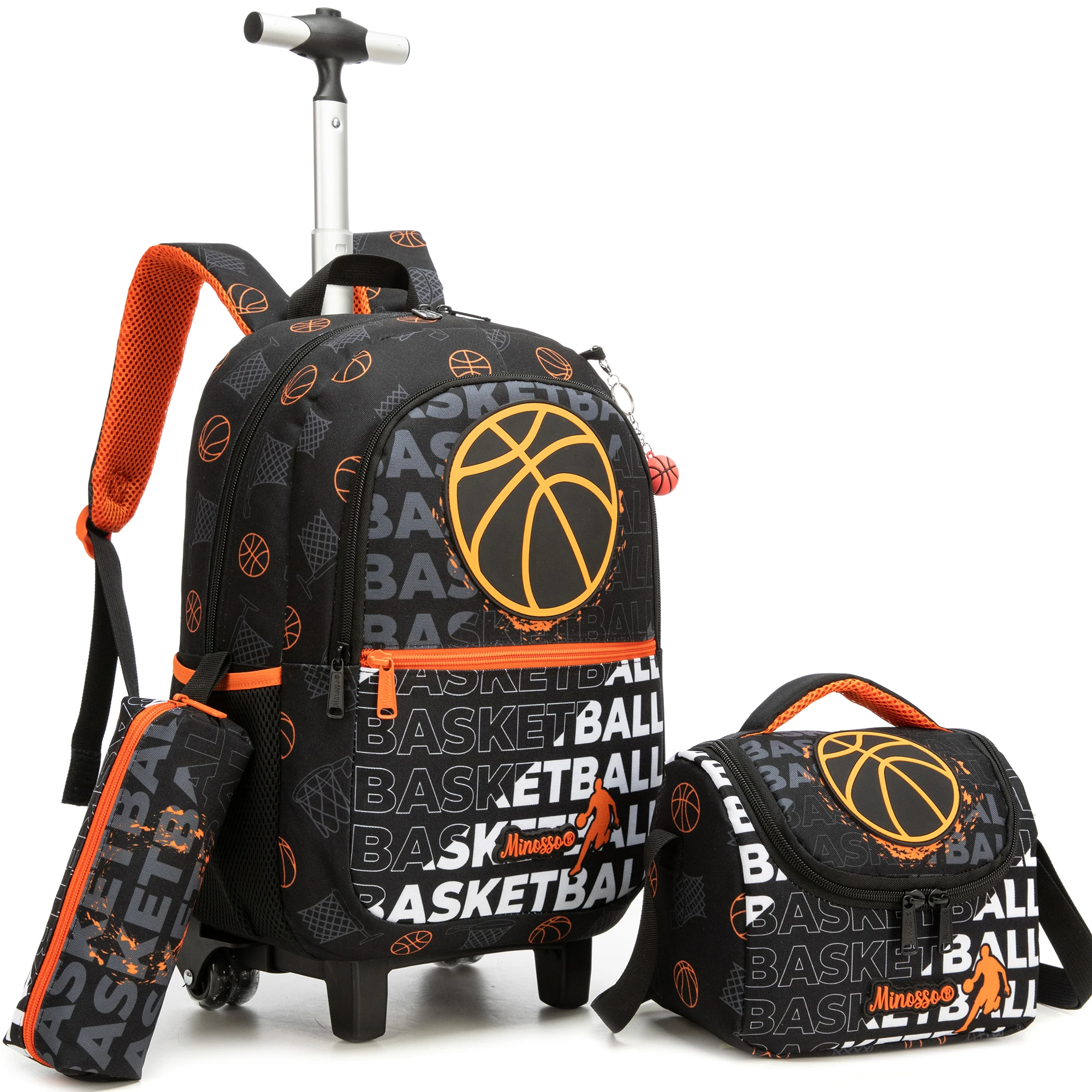 Girls Rolling Backpack with Lunch Box School Backpacks with Wheels 16.5" Roller Backpack for Girls, 3pcs Kids Wheeled Bookbag