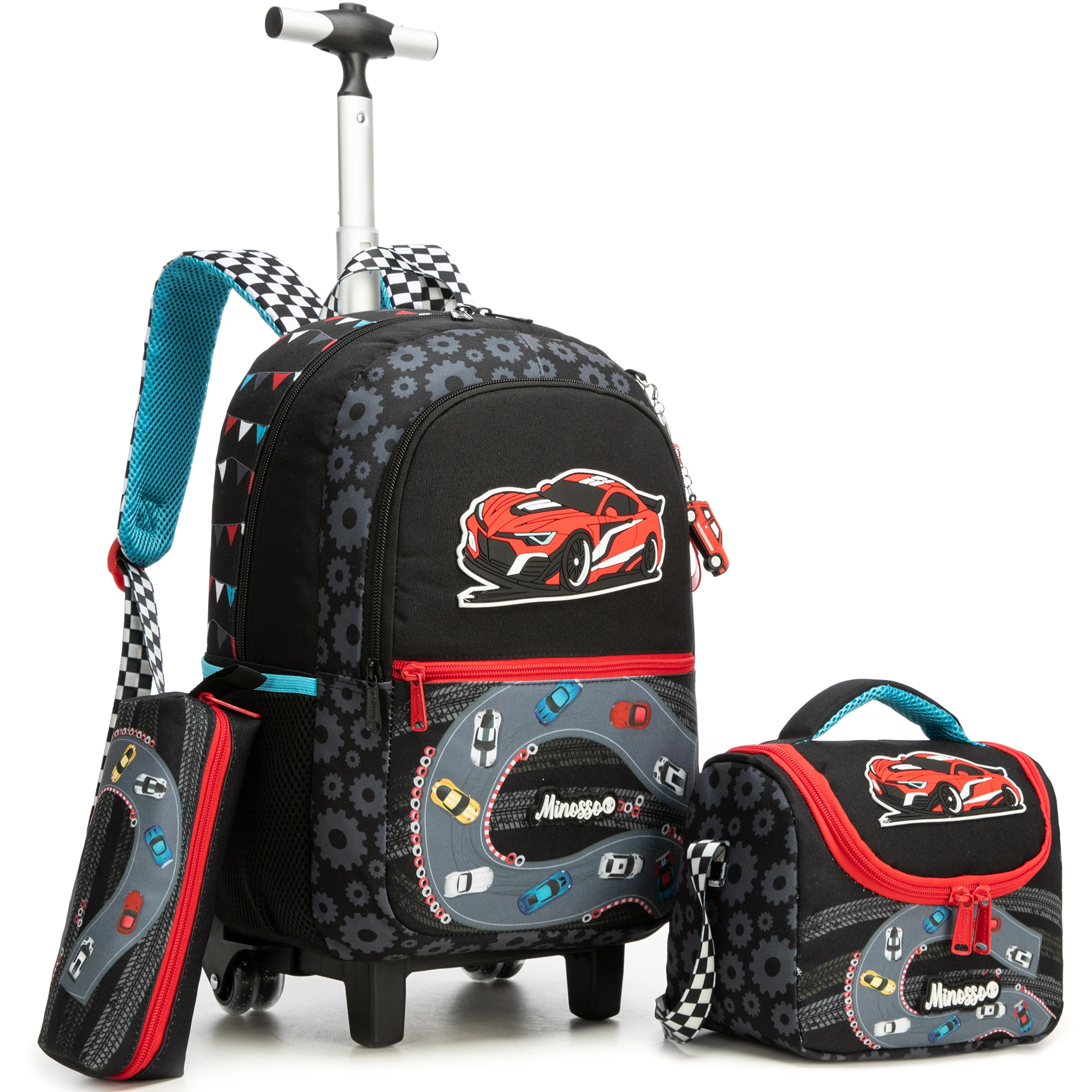 Girls Rolling Backpack with Lunch Box School Backpacks with Wheels 16.5" Roller Backpack for Girls, 3pcs Kids Wheeled Bookbag
