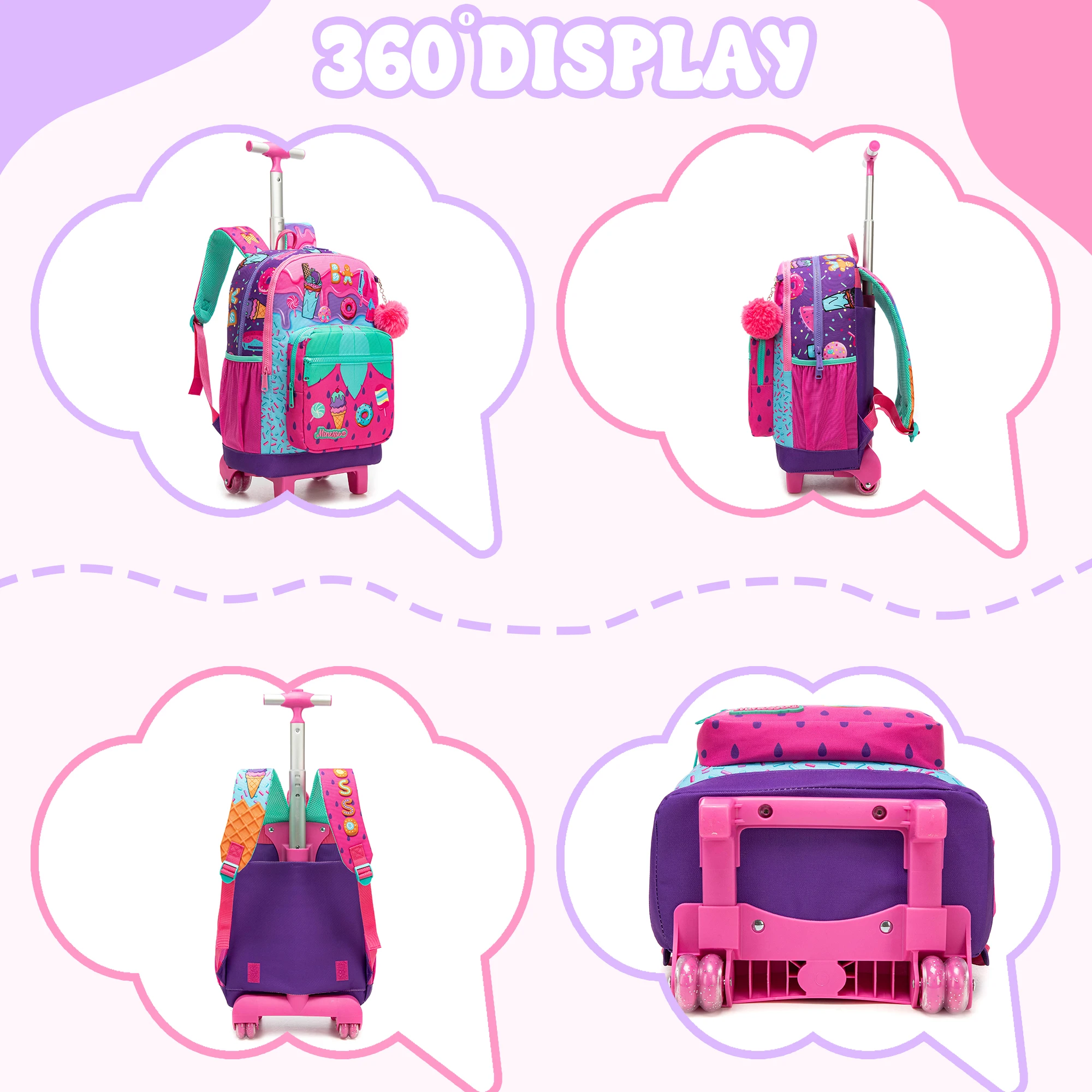 Girls Rolling Backpack with Lunch Box School Backpacks with Wheels 16.5" Roller Backpack for Girls, 3pcs Kids Wheeled Bookbag