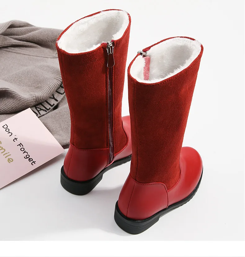 Winter Outdoor Children's Riding Boots Solid Color Warm Furry Girls Fashion Long Boots Black Red Simple Kids Plush Boots Zipper
