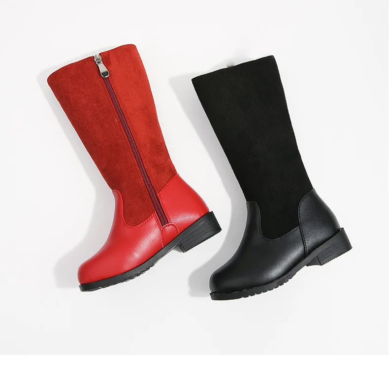 Winter Outdoor Children's Riding Boots Solid Color Warm Furry Girls Fashion Long Boots Black Red Simple Kids Plush Boots Zipper