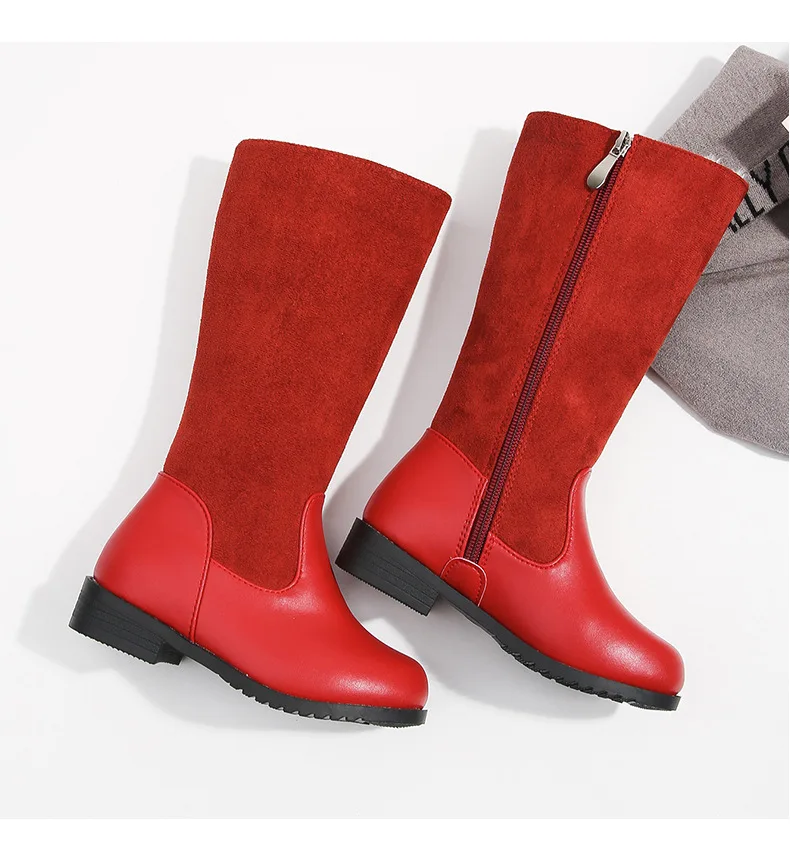 Winter Outdoor Children's Riding Boots Solid Color Warm Furry Girls Fashion Long Boots Black Red Simple Kids Plush Boots Zipper