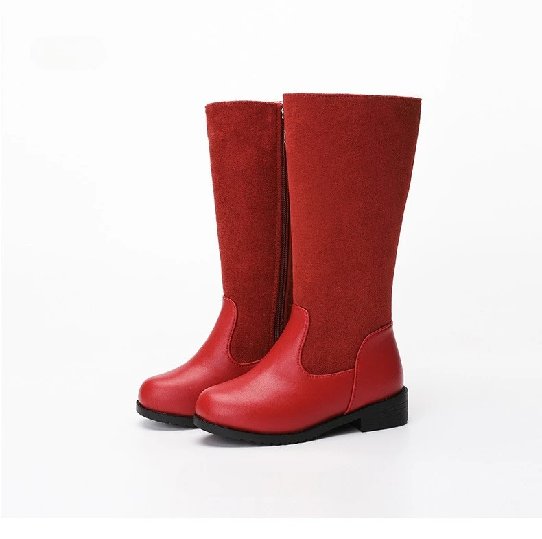 Winter Outdoor Children's Riding Boots Solid Color Warm Furry Girls Fashion Long Boots Black Red Simple Kids Plush Boots Zipper