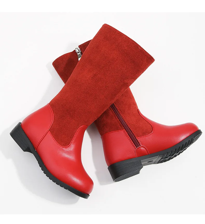 Winter Outdoor Children's Riding Boots Solid Color Warm Furry Girls Fashion Long Boots Black Red Simple Kids Plush Boots Zipper