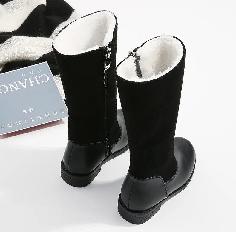 Winter Outdoor Children's Riding Boots Solid Color Warm Furry Girls Fashion Long Boots Black Red Simple Kids Plush Boots Zipper
