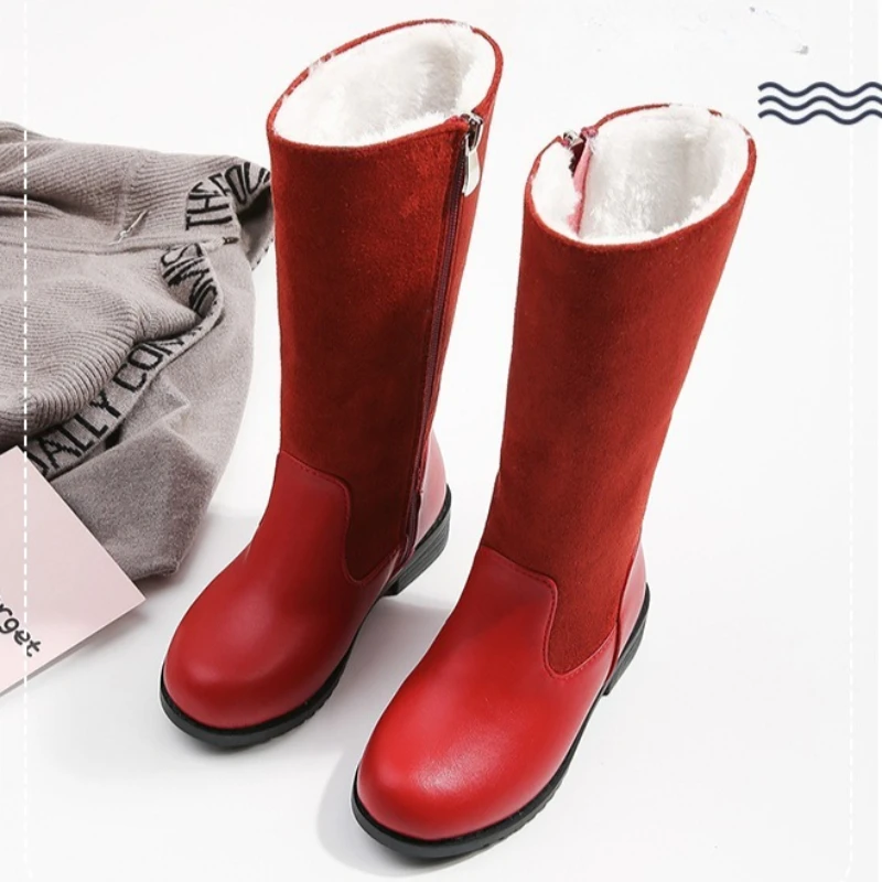 Winter Outdoor Children's Riding Boots Solid Color Warm Furry Girls Fashion Long Boots Black Red Simple Kids Plush Boots Zipper