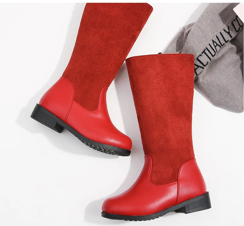 Winter Outdoor Children's Riding Boots Solid Color Warm Furry Girls Fashion Long Boots Black Red Simple Kids Plush Boots Zipper