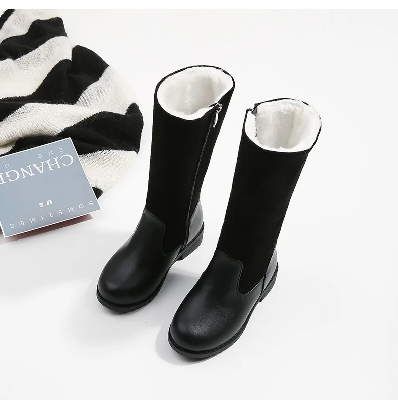 Winter Outdoor Children's Riding Boots Solid Color Warm Furry Girls Fashion Long Boots Black Red Simple Kids Plush Boots Zipper