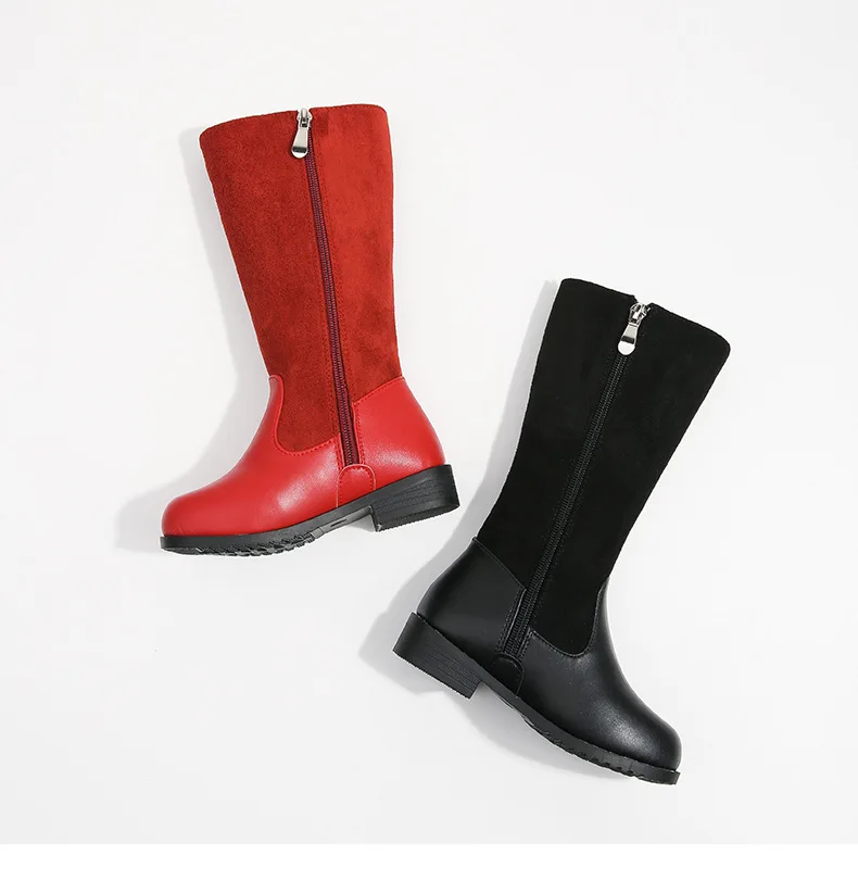 Winter Outdoor Children's Riding Boots Solid Color Warm Furry Girls Fashion Long Boots Black Red Simple Kids Plush Boots Zipper