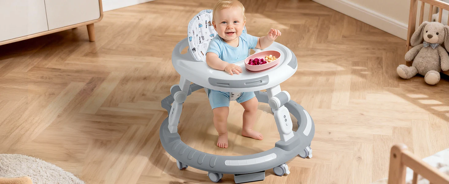 Safety-Enhanced 4-In-1 Grow-With-Me Baby Walker & Play Center - Adjustable 8 Heights, Anti-Tip Base, 8 Silent Brake Wheels