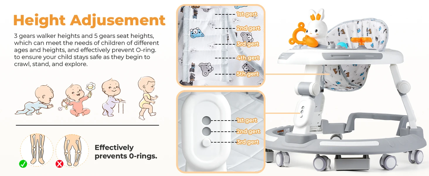 Safety-Enhanced 4-In-1 Grow-With-Me Baby Walker & Play Center - Adjustable 8 Heights, Anti-Tip Base, 8 Silent Brake Wheels