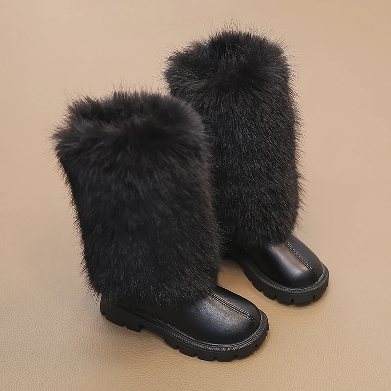 Girls High Boots Children Warm Princess Leather Boots Soft Soled Kids Fashion Long Boots Anti-Slippery All Match 2024 Winter New