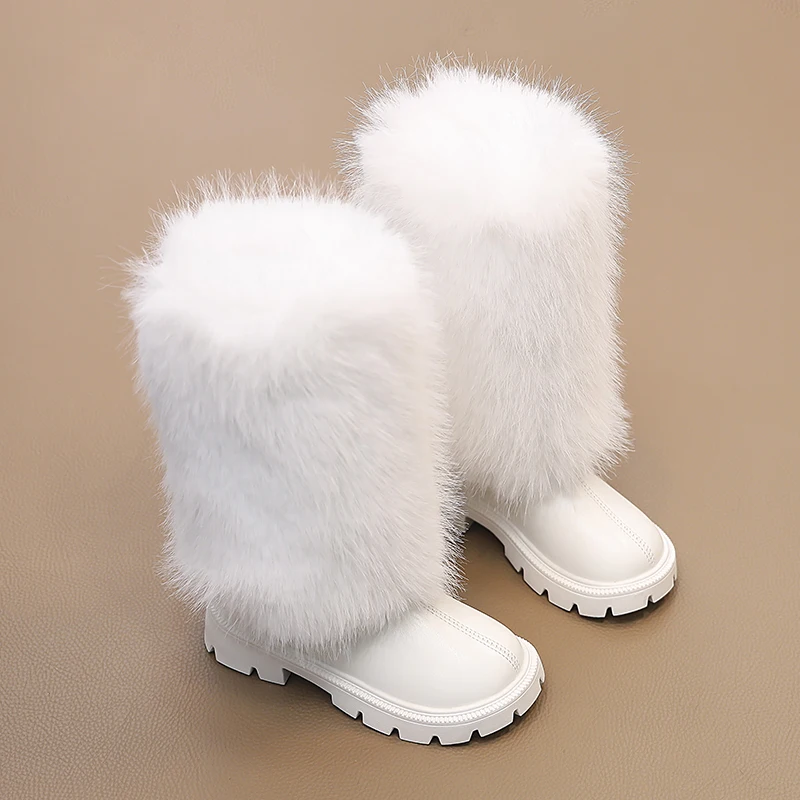 Girls High Boots Children Warm Princess Leather Boots Soft Soled Kids Fashion Long Boots Anti-Slippery All Match 2024 Winter New